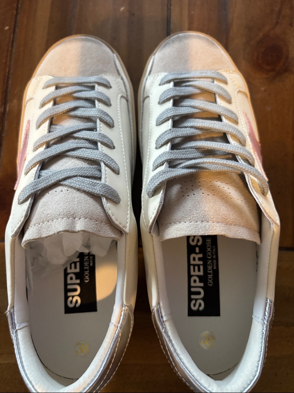 Golden Goose White Sneakers with Pink Star and Silver Heel - Picture 3 of 3